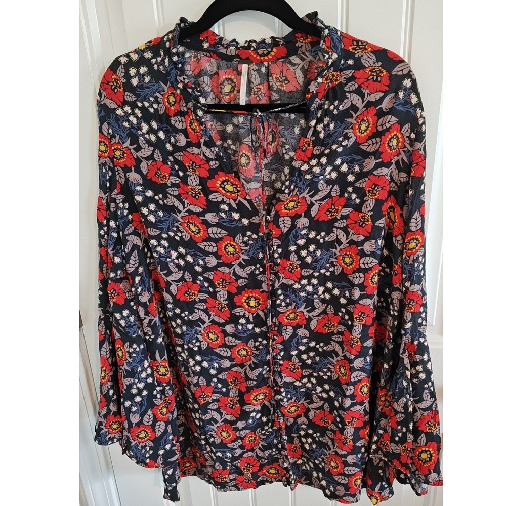 Free People Floral Bell Sleeve Blouse Red Black Boho Button Front Top Medium